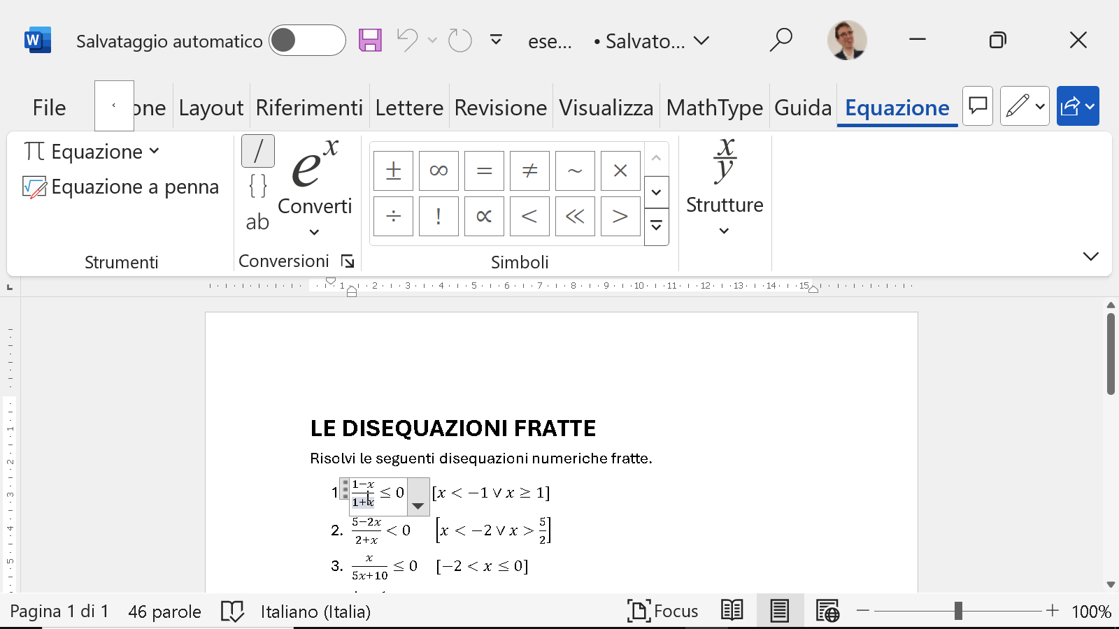 Scheda Equazione selezionata