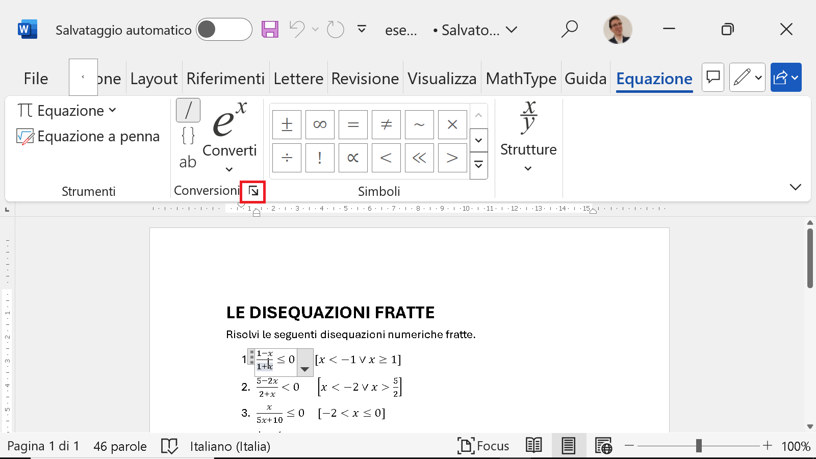 Opzioni Equazioni nel menu Conversioni